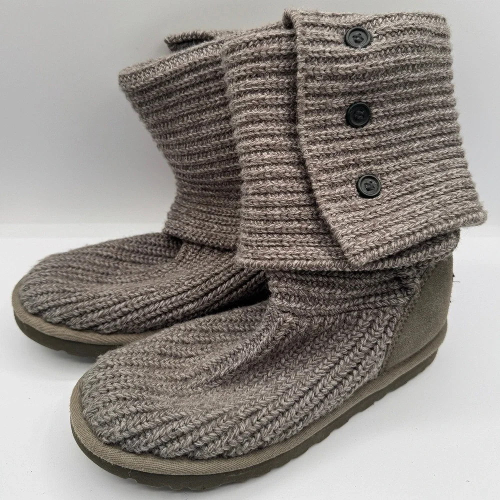 UGG Australia Cardy Knit Boots Grey Wool Blend 3-Button 5819‎ Womens Size 7